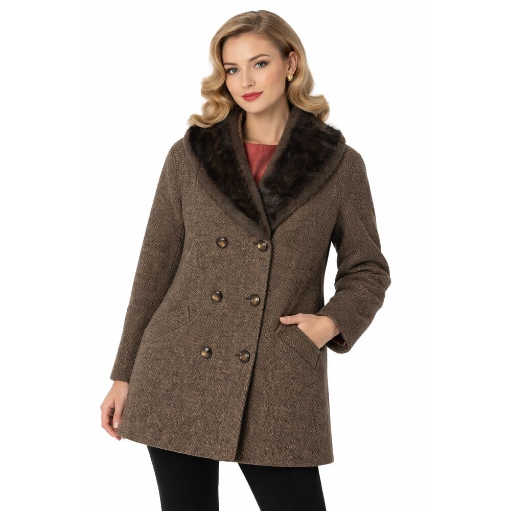 Vintage 40's Brown tweed double breasted coat Fur shawl collar medium